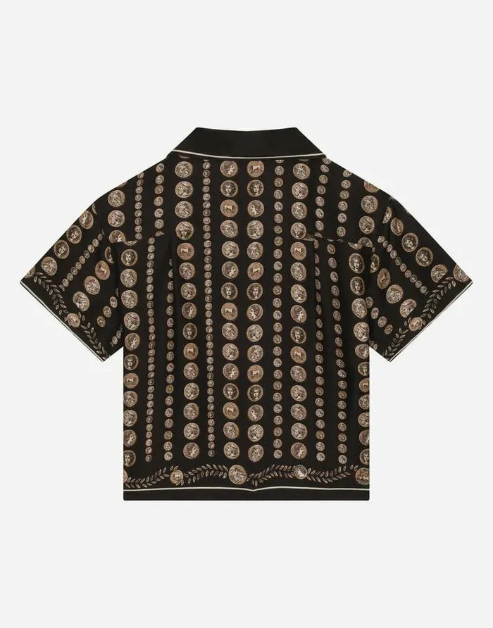 Dolce and Gabbana Shirts Children Shortsleeved Silk Shirt With Coin Print Brown Dolce and Gabbana Shirts Children Shortsleeved Silk Shirt With Coin Print Brown