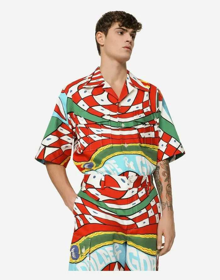 Dolce and Gabbana Shirts Men Carrettoprint Stretch Drill Hawaiian Shirt Azure Dolce and Gabbana Shirts Men Carrettoprint Stretch Drill Hawaiian Shirt Azure