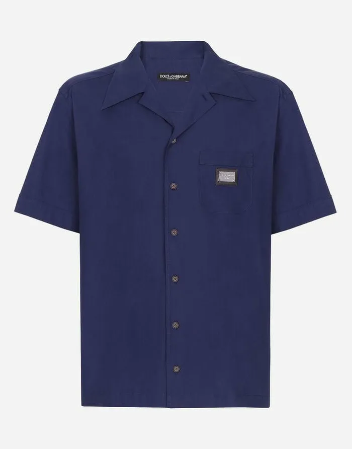 Dolce and Gabbana Shirts Men Cotton Hawaiian Shirt With Branded Tag Blue