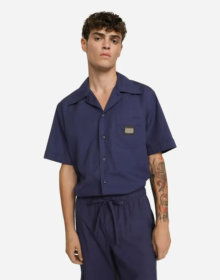 Dolce and Gabbana Shirts Men Cotton Hawaiian Shirt With Branded Tag Blue Dolce and Gabbana Shirts Men Cotton Hawaiian Shirt With Branded Tag Blue