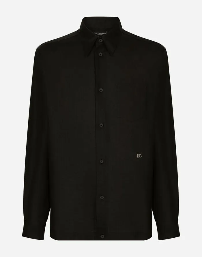 Dolce and Gabbana Shirts Men Linen Hawaiian Shirt With DG Hardware Black