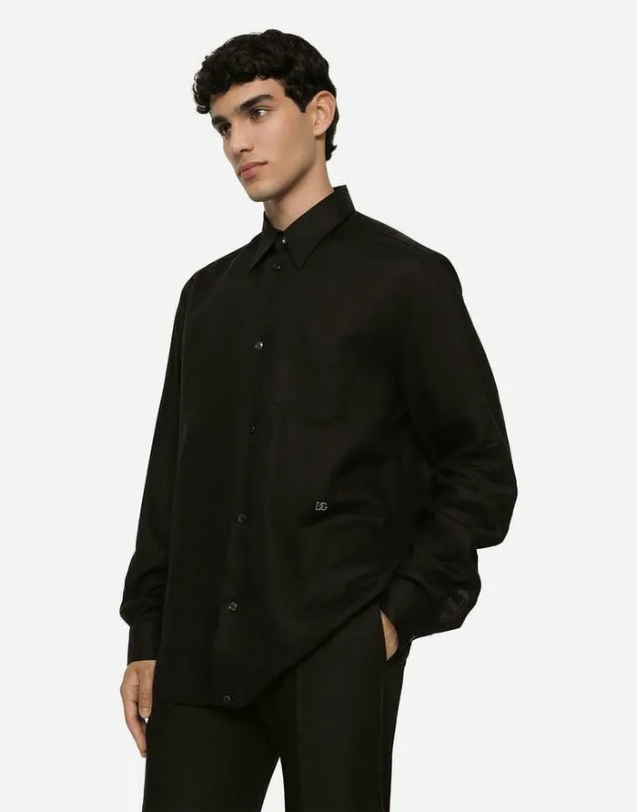 Dolce and Gabbana Shirts Men Linen Hawaiian Shirt With DG Hardware Black Dolce and Gabbana Shirts Men Linen Hawaiian Shirt With DG Hardware Black