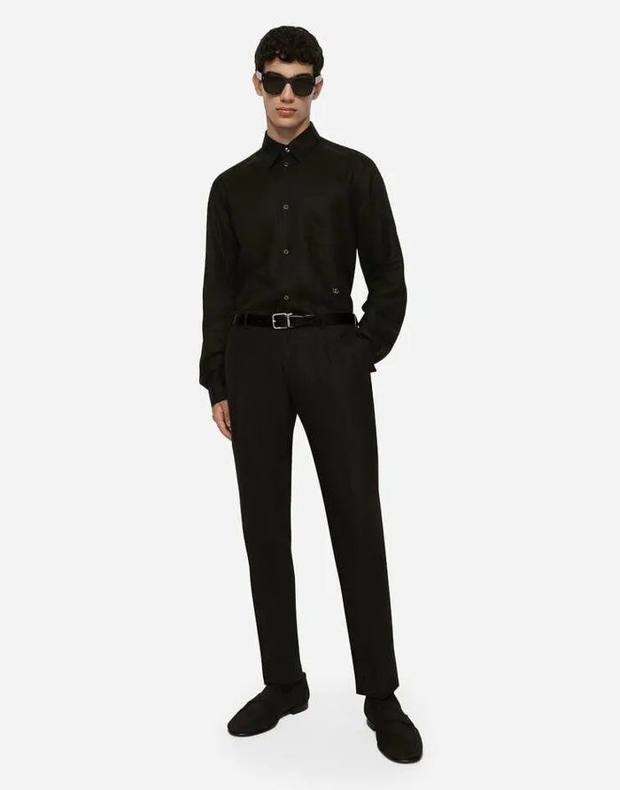 Dolce and Gabbana Shirts Men Linen Hawaiian Shirt With DG Hardware Black Dolce and Gabbana Shirts Men Linen Hawaiian Shirt With DG Hardware Black