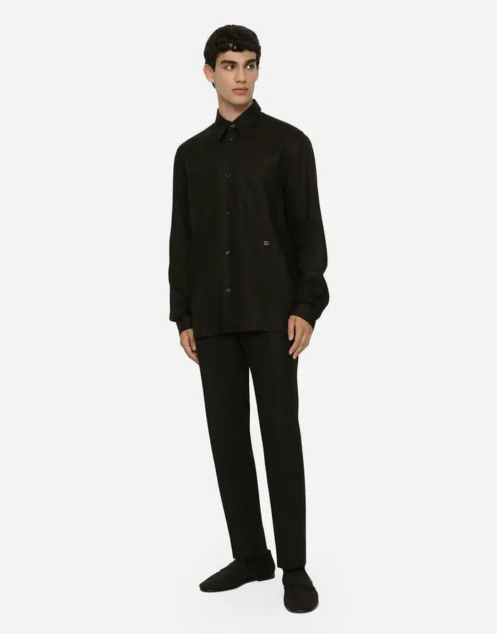 Dolce and Gabbana Shirts Men Linen Hawaiian Shirt With DG Hardware Black Dolce and Gabbana Shirts Men Linen Hawaiian Shirt With DG Hardware Black