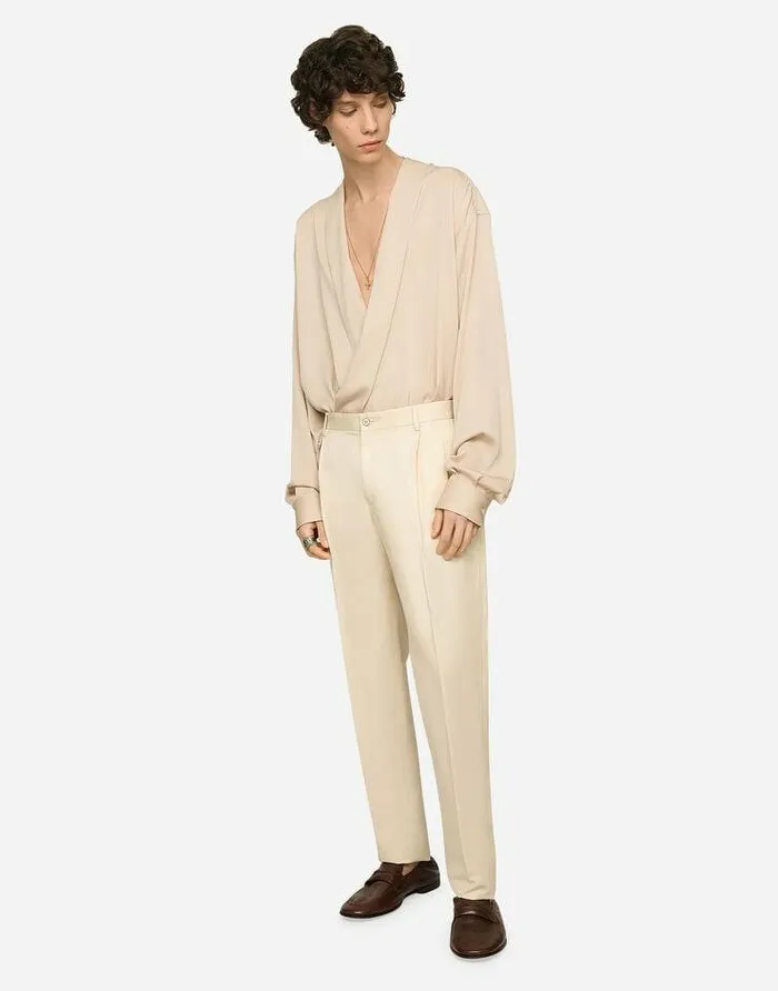 Dolce and Gabbana Shirts Men Oversized Stretch Silk Shirt Beige