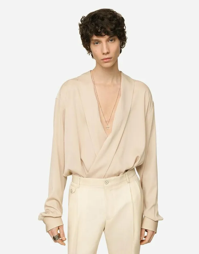 Dolce and Gabbana Shirts Men Oversized Stretch Silk Shirt Beige