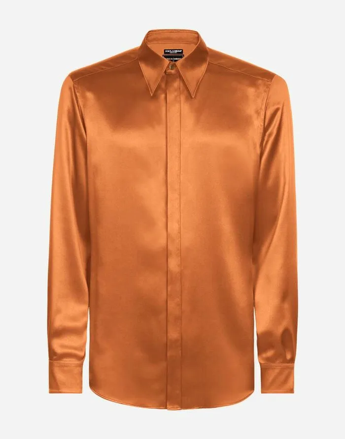 Dolce and Gabbana Shirts Men Silk Satin Martinifit Shirt With Metal DG Logo Beige Dolce and Gabbana Shirts Men Silk Satin Martinifit Shirt With Metal DG Logo Beige