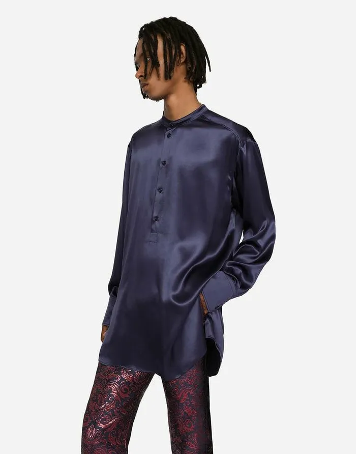 Dolce and Gabbana Shirts Men Silk Satin Shirt Blue Dolce and Gabbana Shirts Men Silk Satin Shirt Blue