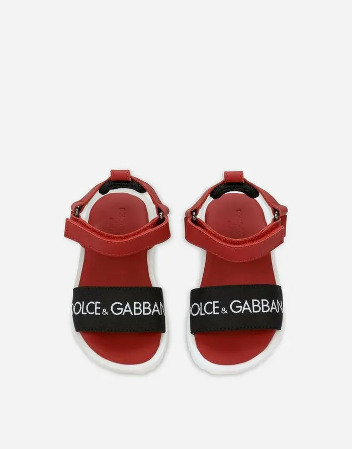 Dolce and Gabbana Shoes 2438 Children Calfskin First Steps Sandals With Logo Tape Red Dolce and Gabbana Shoes 2438 Children Calfskin First Steps Sandals With Logo Tape Red
