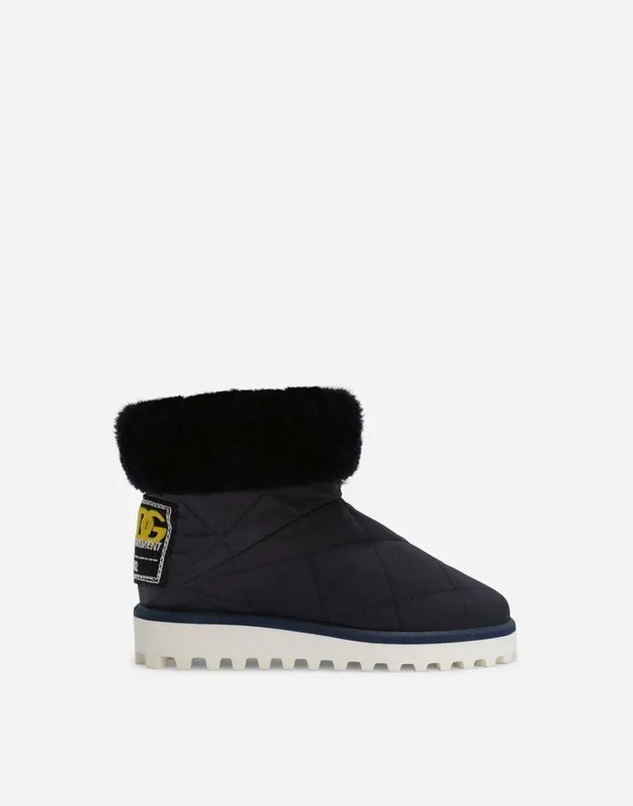 Dolce and Gabbana Shoes 2438 Children Nylon Ankle Boots With Faux Fur Blue
