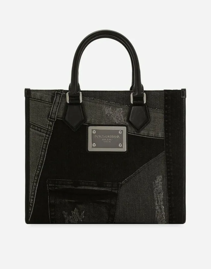 Dolce and Gabbana Shoppers Men Small Patchwork Denim Shopper Black