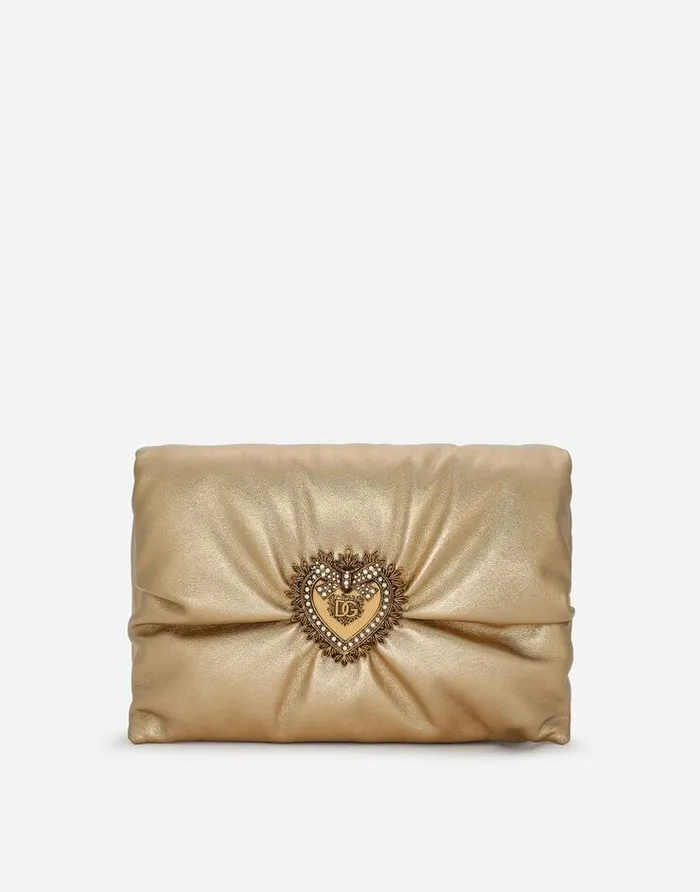 Dolce and Gabbana Shoulder And Crossbody Bags Women Medium Foiled Calfskin Devotion Soft Bag Gold