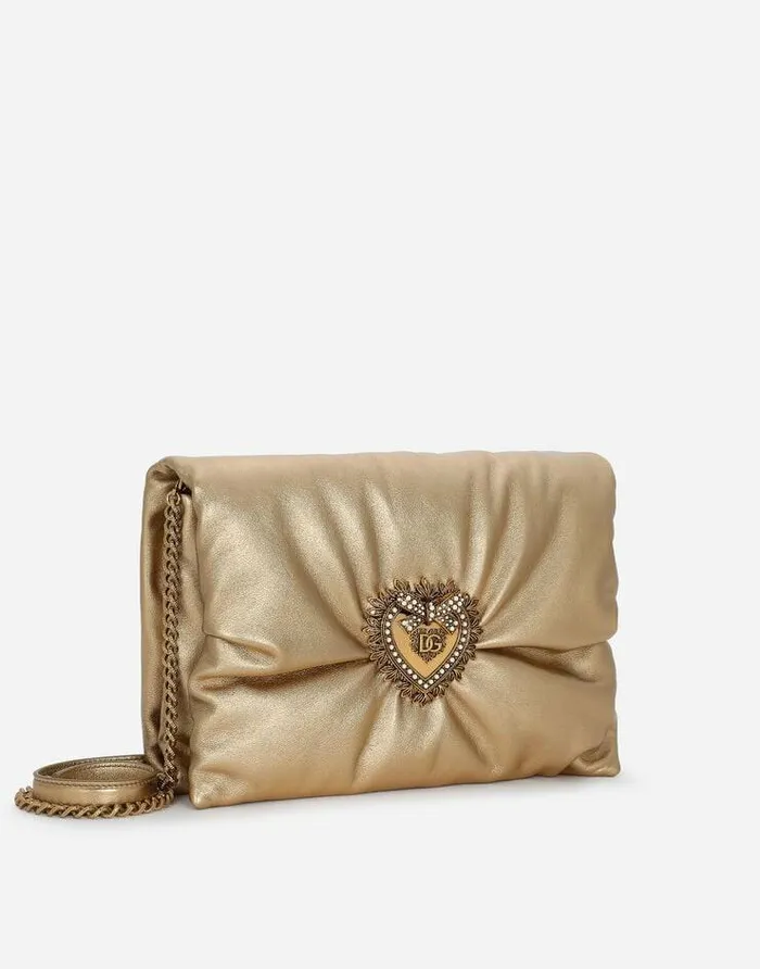 Dolce and Gabbana Shoulder And Crossbody Bags Women Medium Foiled Calfskin Devotion Soft Bag Gold Dolce and Gabbana Shoulder And Crossbody Bags Women Medium Foiled Calfskin Devotion Soft Bag Gold