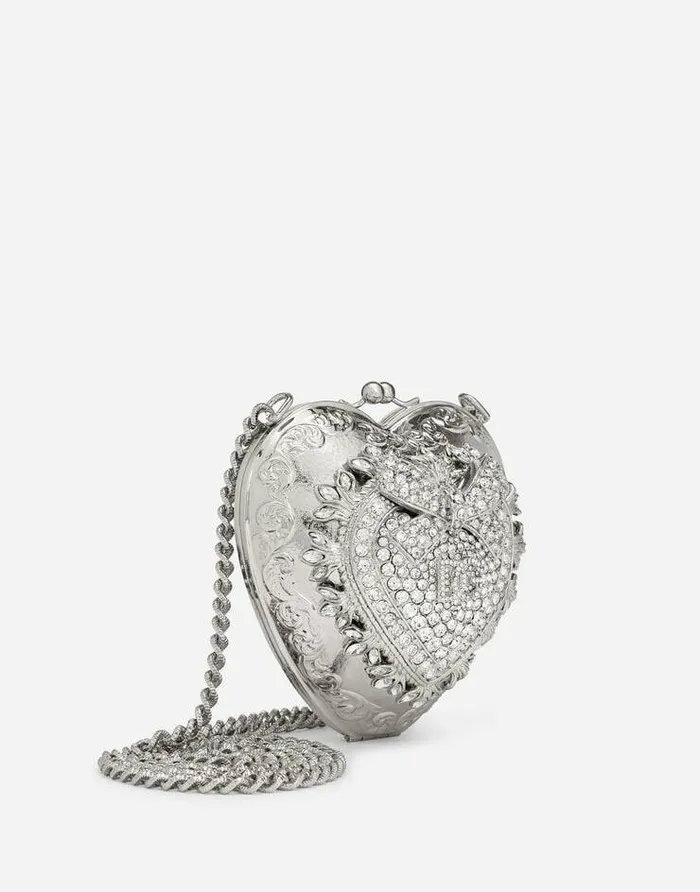 Dolce and Gabbana Shoulder And Crossbody Bags Women Metal Devotion Heart Bag With Crystal Embellishment Silver Dolce and Gabbana Shoulder And Crossbody Bags Women Metal Devotion Heart Bag With Crystal Embellishment Silver