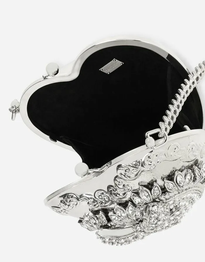 Dolce and Gabbana Shoulder And Crossbody Bags Women Metal Devotion Heart Bag With Crystal Embellishment Silver Dolce and Gabbana Shoulder And Crossbody Bags Women Metal Devotion Heart Bag With Crystal Embellishment Silver