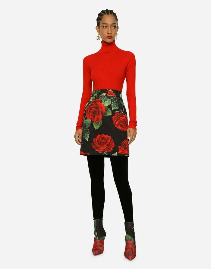 Dolce and Gabbana Skirts Women Brocade Miniskirt With Red Rose Print Multicolor Dolce and Gabbana Skirts Women Brocade Miniskirt With Red Rose Print Multicolor