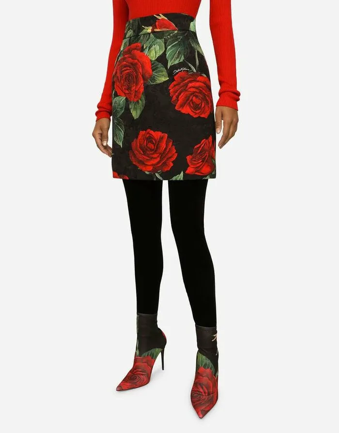 Dolce and Gabbana Skirts Women Brocade Miniskirt With Red Rose Print Multicolor Dolce and Gabbana Skirts Women Brocade Miniskirt With Red Rose Print Multicolor