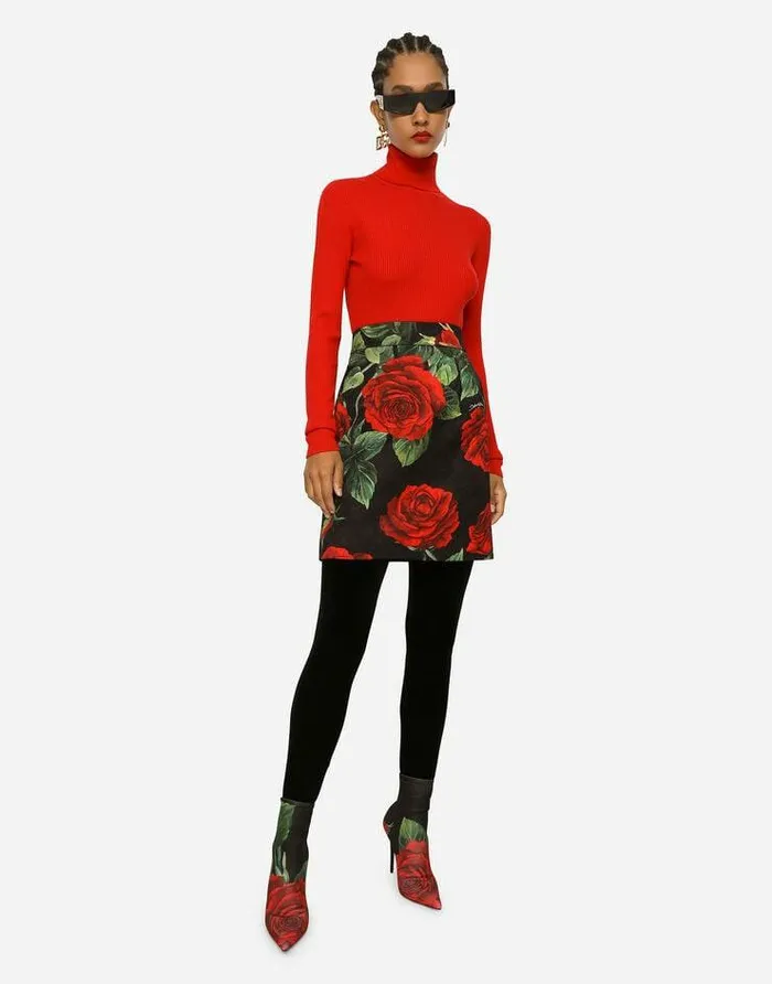Dolce and Gabbana Skirts Women Brocade Miniskirt With Red Rose Print Multicolor Dolce and Gabbana Skirts Women Brocade Miniskirt With Red Rose Print Multicolor