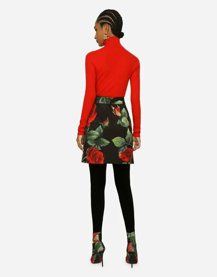 Dolce and Gabbana Skirts Women Brocade Miniskirt With Red Rose Print Multicolor Dolce and Gabbana Skirts Women Brocade Miniskirt With Red Rose Print Multicolor