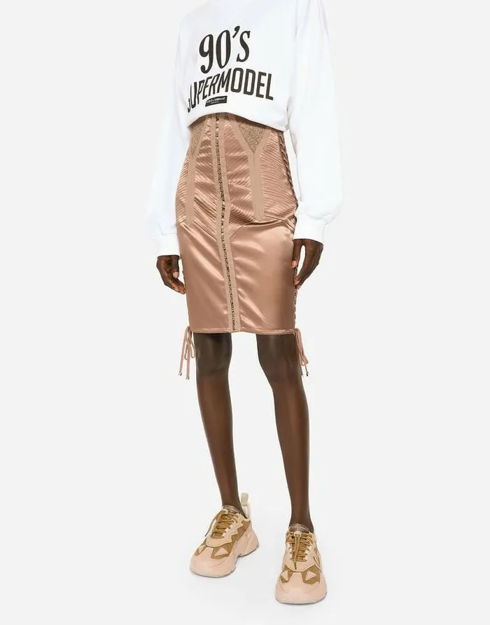 Dolce and Gabbana Skirts Women Short Satin Skirt With Laces And Eyelets Brown Dolce and Gabbana Skirts Women Short Satin Skirt With Laces And Eyelets Brown