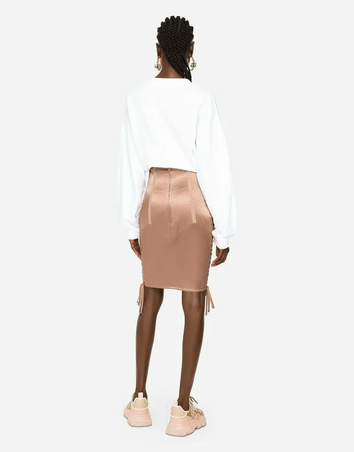 Dolce and Gabbana Skirts Women Short Satin Skirt With Laces And Eyelets Brown Dolce and Gabbana Skirts Women Short Satin Skirt With Laces And Eyelets Brown