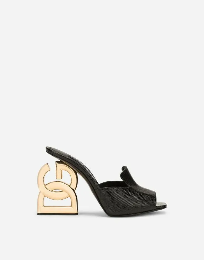 Dolce and Gabbana Slides And Mules Women Iguanaprint Calfskin Mules With 35 Heel Black