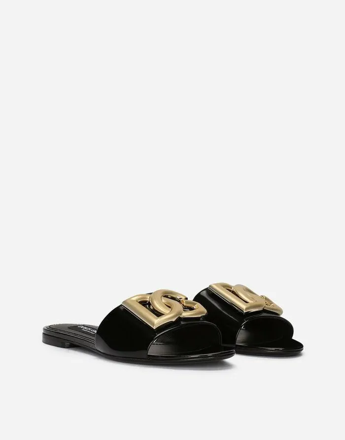 Dolce and Gabbana Slides And Mules Women Polished Calfskin Sliders With DG Logo Black Dolce and Gabbana Slides And Mules Women Polished Calfskin Sliders With DG Logo Black