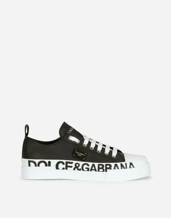 Dolce and Gabbana Sneakers Women Calfskin Portofino Light Sneakers With Logodetailed Plate And Logo Print Blackwhite