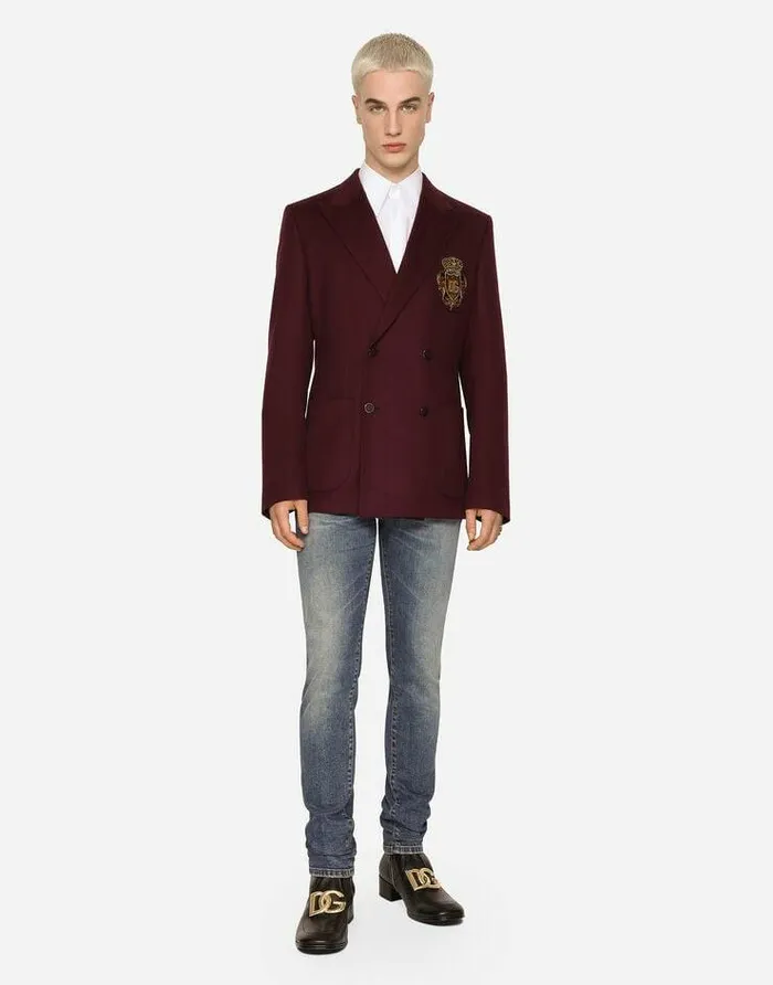 Dolce and Gabbana Suits And Blazers Men Doublebreasted Wool And Cashmere Jacket With DG Patch Multicolor Dolce and Gabbana Suits And Blazers Men Doublebreasted Wool And Cashmere Jacket With DG Patch Multicolor