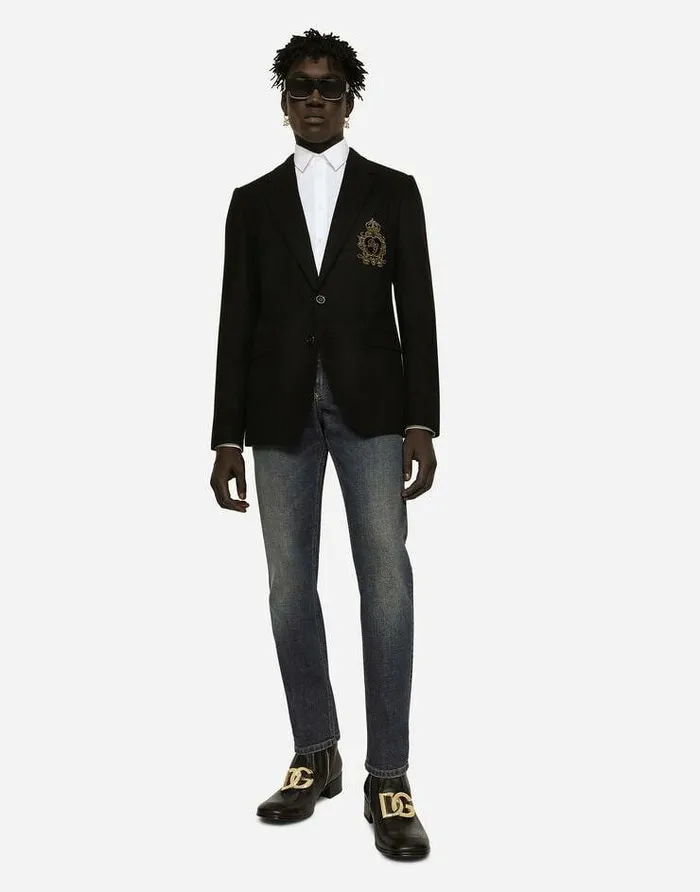 Dolce and Gabbana Suits And Blazers Men Singlebreasted Wool And Cashmere Jacket With DG Patch Black Dolce and Gabbana Suits And Blazers Men Singlebreasted Wool And Cashmere Jacket With DG Patch Black