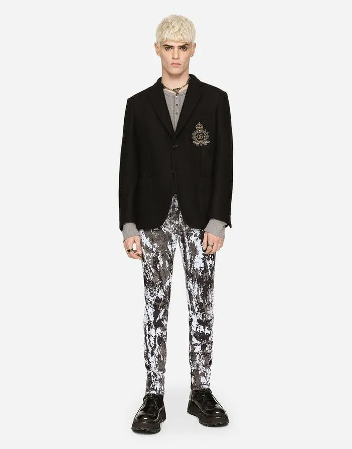 Dolce and Gabbana Suits And Blazers Men Stretch Jersey Jacket With Heraldic Patch Black Dolce and Gabbana Suits And Blazers Men Stretch Jersey Jacket With Heraldic Patch Black