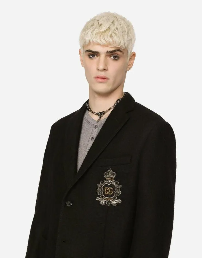 Dolce and Gabbana Suits And Blazers Men Stretch Jersey Jacket With Heraldic Patch Black Dolce and Gabbana Suits And Blazers Men Stretch Jersey Jacket With Heraldic Patch Black