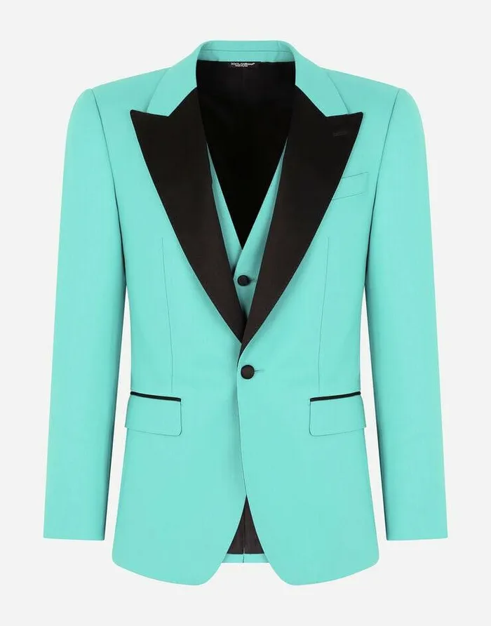 Dolce and Gabbana Suits And Blazers Men Threepiece Stretch Wool Siciliafit Tuxedo Suit Azure Dolce and Gabbana Suits And Blazers Men Threepiece Stretch Wool Siciliafit Tuxedo Suit Azure