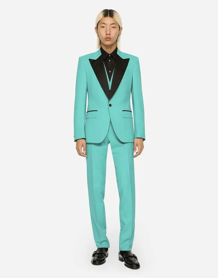 Dolce and Gabbana Suits And Blazers Men Threepiece Stretch Wool Siciliafit Tuxedo Suit Azure Dolce and Gabbana Suits And Blazers Men Threepiece Stretch Wool Siciliafit Tuxedo Suit Azure