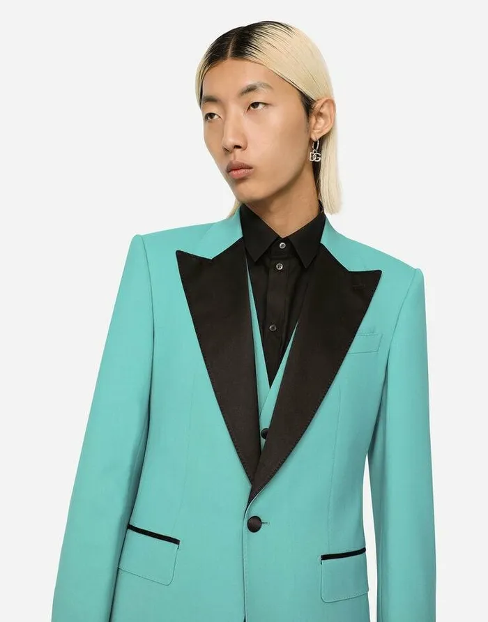 Dolce and Gabbana Suits And Blazers Men Threepiece Stretch Wool Siciliafit Tuxedo Suit Azure Dolce and Gabbana Suits And Blazers Men Threepiece Stretch Wool Siciliafit Tuxedo Suit Azure