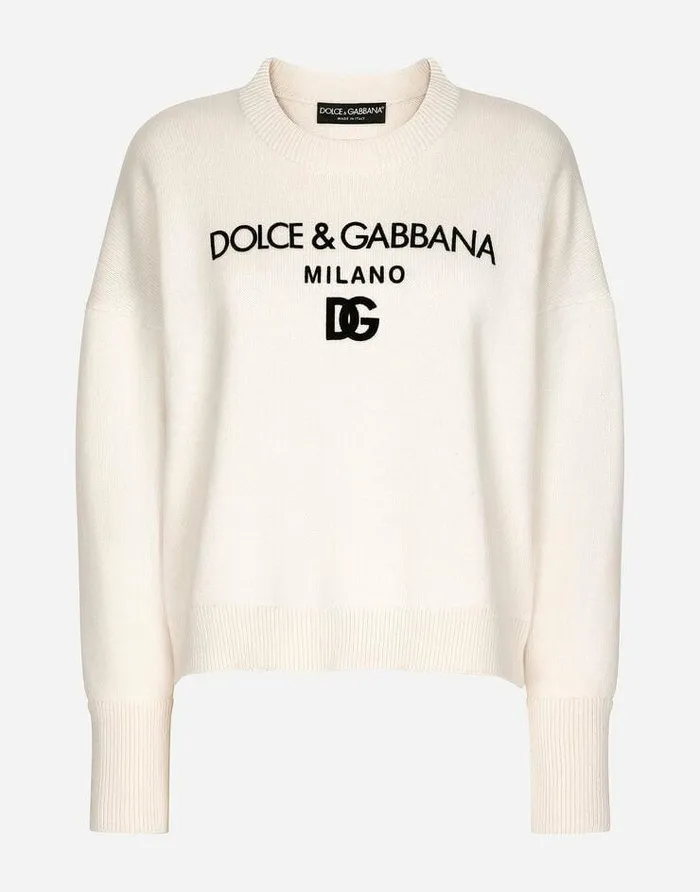 Dolce and Gabbana Sweaters And Cardigans Women Cashmere Sweater With Flocked DG Logo White