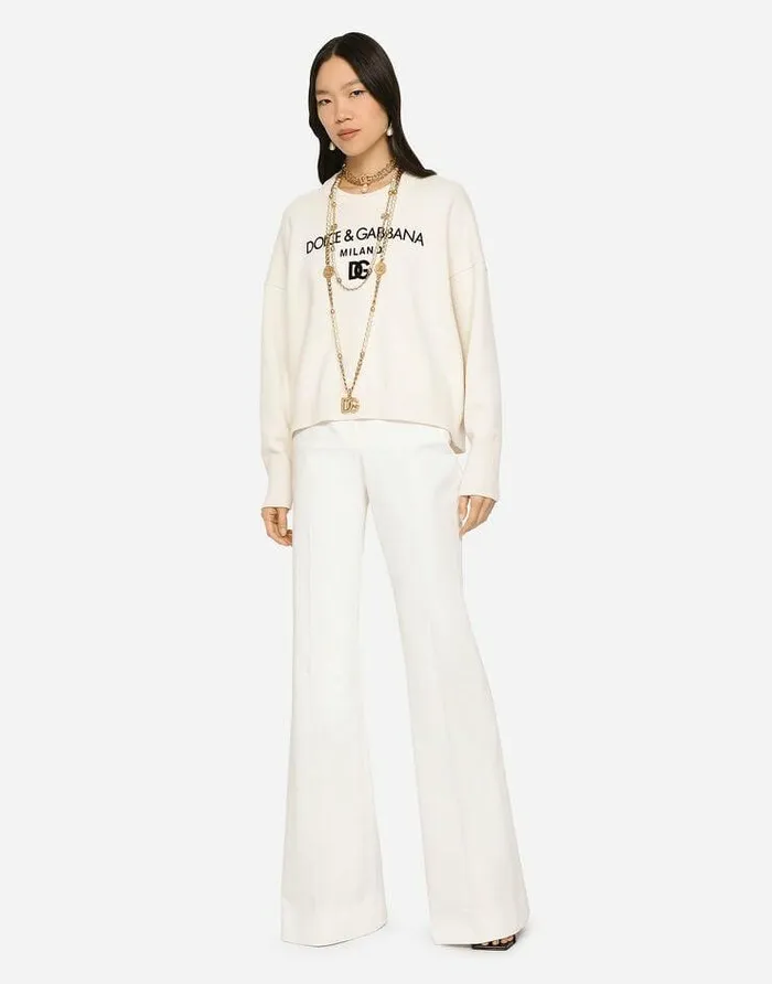 Dolce and Gabbana Sweaters And Cardigans Women Cashmere Sweater With Flocked DG Logo White Dolce and Gabbana Sweaters And Cardigans Women Cashmere Sweater With Flocked DG Logo White