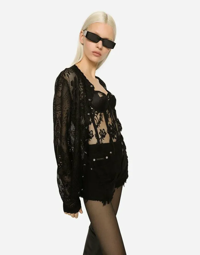 Dolce and Gabbana Sweaters And Cardigans Women Lacestitch Jacquard Cardigan Black Dolce and Gabbana Sweaters And Cardigans Women Lacestitch Jacquard Cardigan Black