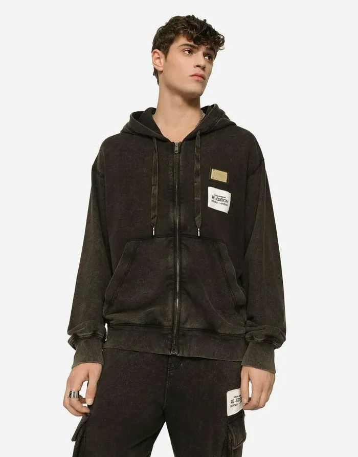Dolce and Gabbana Sweatshirts Men Washed Jersey Hoodie With Logo Zipper Multicolor Dolce and Gabbana Sweatshirts Men Washed Jersey Hoodie With Logo Zipper Multicolor