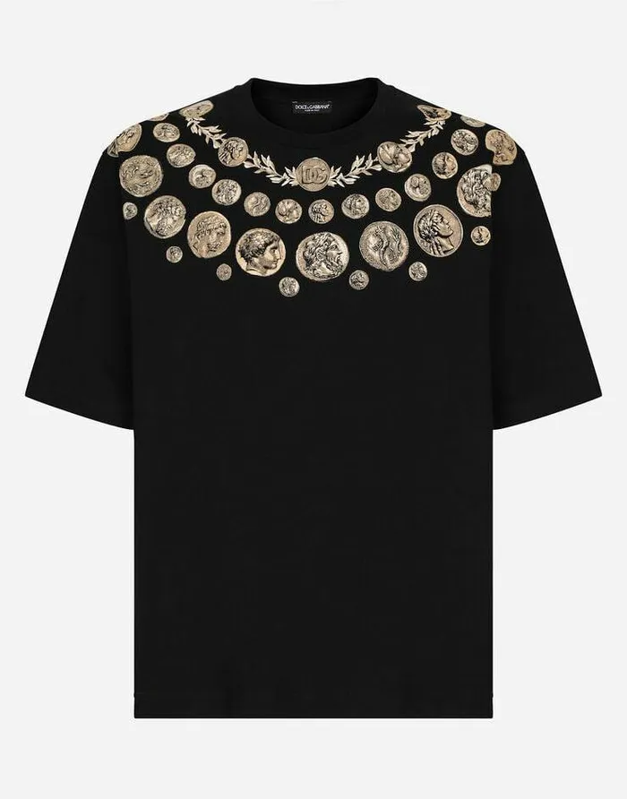 Dolce and Gabbana TShirts And Polos Men Coin Print Cotton Tshirt Black