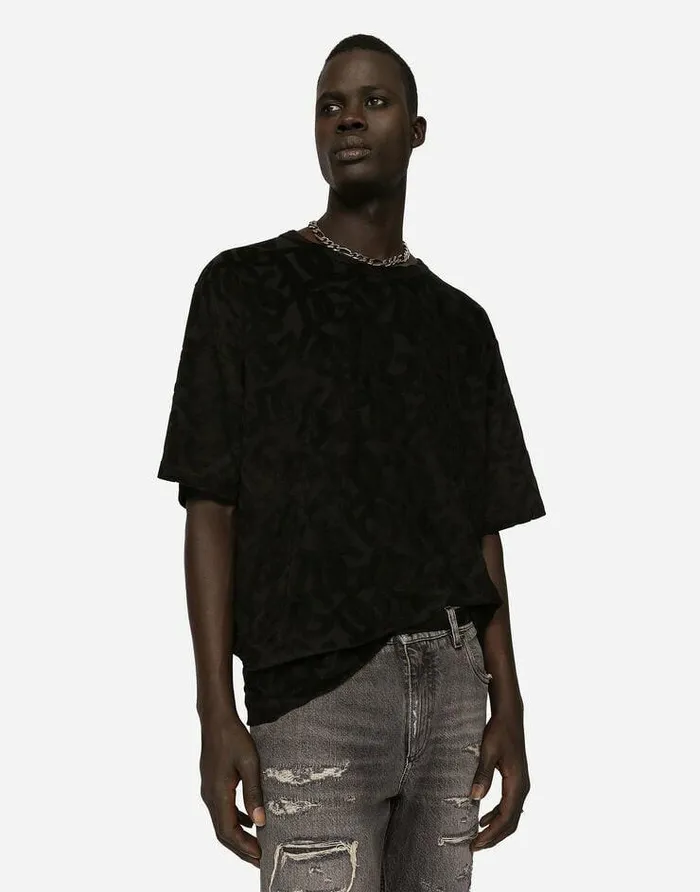 Dolce and Gabbana TShirts And Polos Men Cotton Tshirt With Allover Flocked DG Print Black Dolce and Gabbana TShirts And Polos Men Cotton Tshirt With Allover Flocked DG Print Black