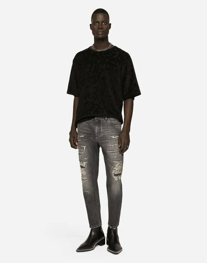 Dolce and Gabbana TShirts And Polos Men Cotton Tshirt With Allover Flocked DG Print Black Dolce and Gabbana TShirts And Polos Men Cotton Tshirt With Allover Flocked DG Print Black
