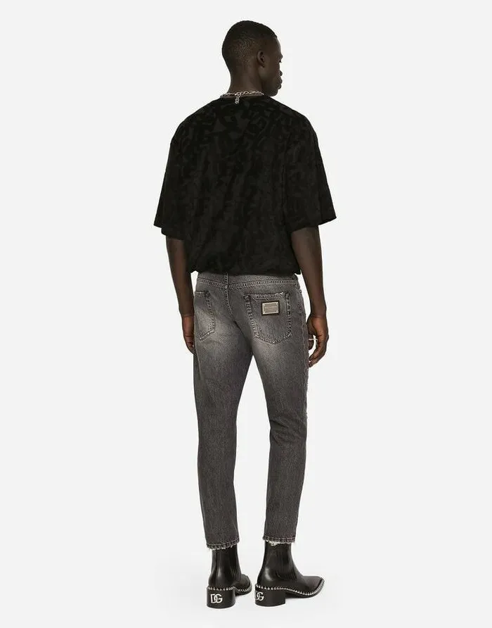 Dolce and Gabbana TShirts And Polos Men Cotton Tshirt With Allover Flocked DG Print Black Dolce and Gabbana TShirts And Polos Men Cotton Tshirt With Allover Flocked DG Print Black