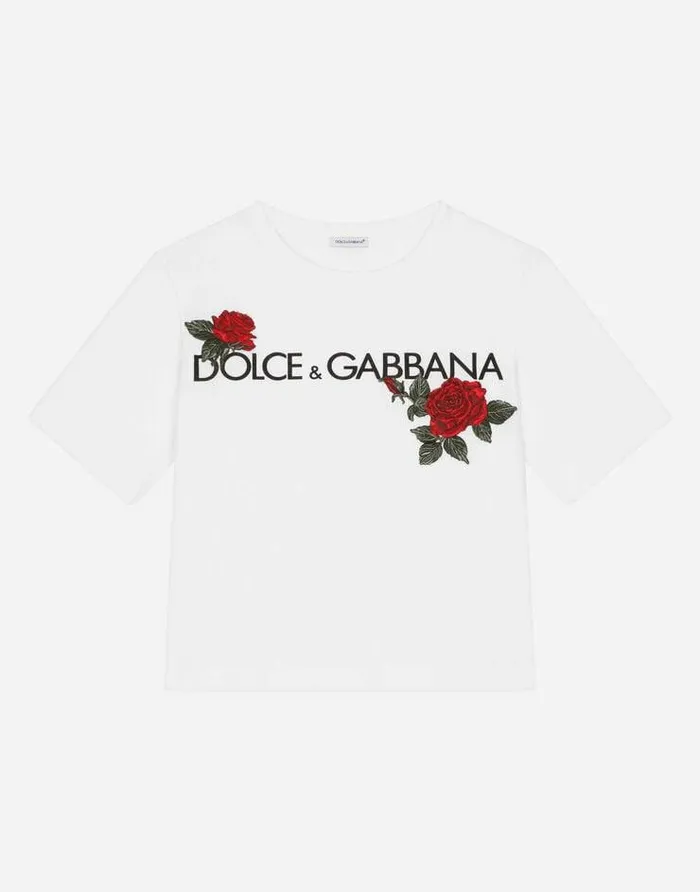 Dolce and Gabbana TShirts And Sweatshirts Children Jersey Tshirt With Logo Print And Rose Patch White Dolce and Gabbana TShirts And Sweatshirts Children Jersey Tshirt With Logo Print And Rose Patch White