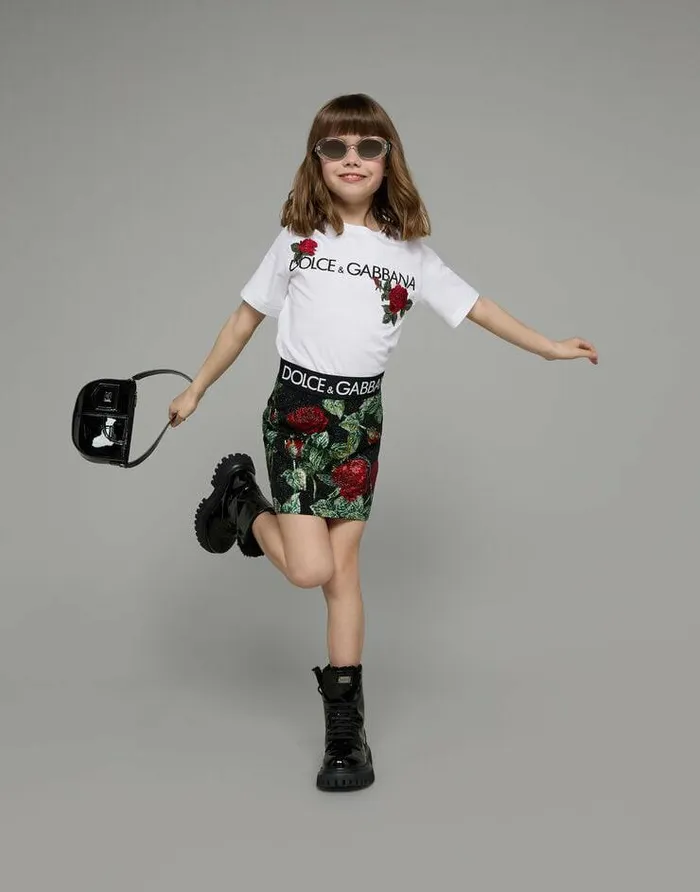 Dolce and Gabbana TShirts And Sweatshirts Children Jersey Tshirt With Logo Print And Rose Patch White Dolce and Gabbana TShirts And Sweatshirts Children Jersey Tshirt With Logo Print And Rose Patch White