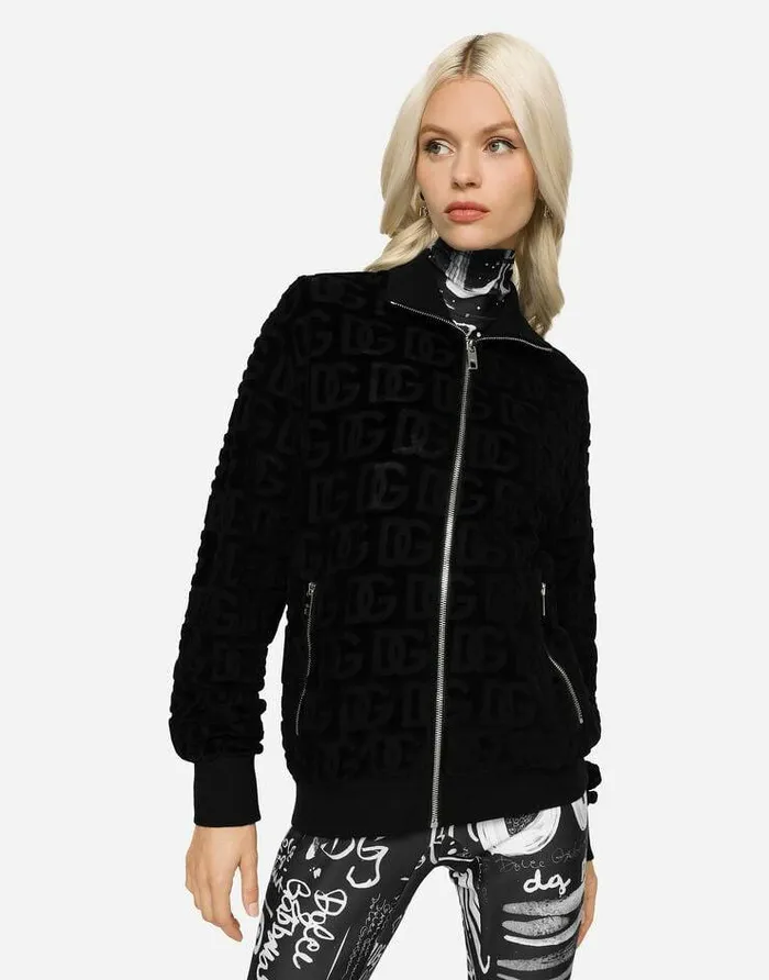 Dolce and Gabbana TShirts And Sweatshirts Women Jacquard Jersey Sweatshirt With Allover DG Detail And Zipper Black Dolce and Gabbana TShirts And Sweatshirts Women Jacquard Jersey Sweatshirt With Allover DG Detail And Zipper Black