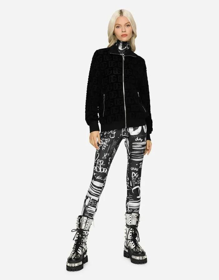 Dolce and Gabbana TShirts And Sweatshirts Women Jacquard Jersey Sweatshirt With Allover DG Detail And Zipper Black Dolce and Gabbana TShirts And Sweatshirts Women Jacquard Jersey Sweatshirt With Allover DG Detail And Zipper Black