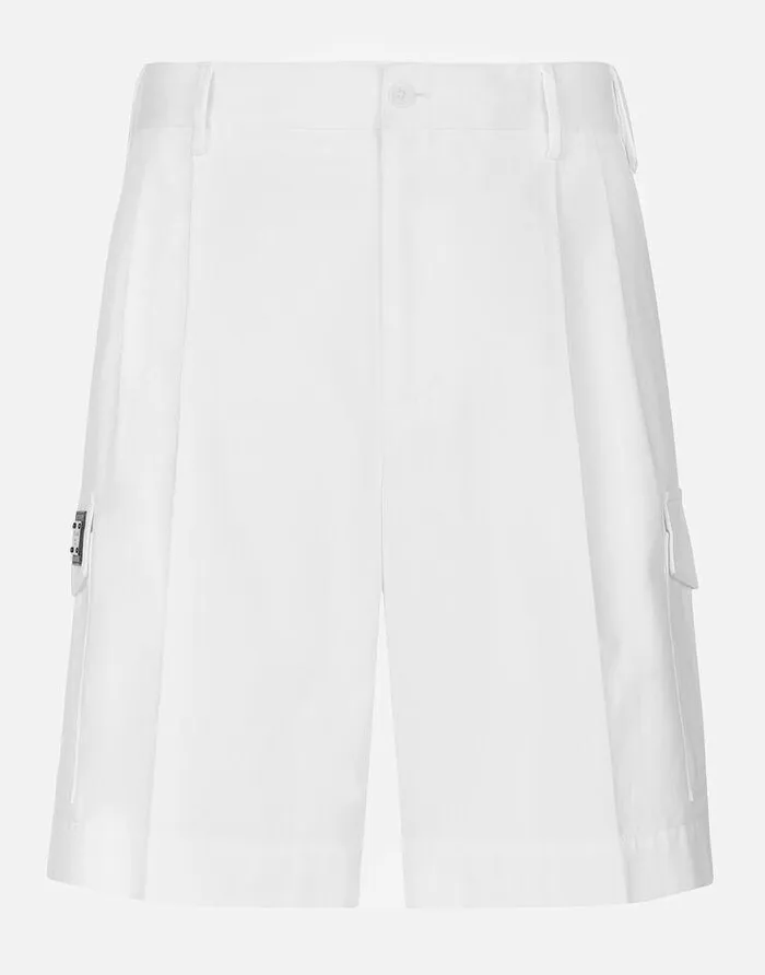 Dolce and Gabbana Trousers And Shorts Men Cotton Gabardine Cargo Shorts With Logo Tag White Dolce and Gabbana Trousers And Shorts Men Cotton Gabardine Cargo Shorts With Logo Tag White