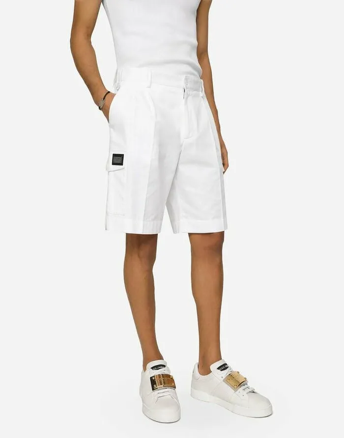 Dolce and Gabbana Trousers And Shorts Men Cotton Gabardine Cargo Shorts With Logo Tag White