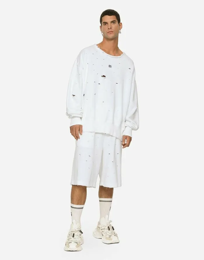 Dolce and Gabbana Trousers And Shorts Men Destroyed Jogging Shorts With DG Hardware White Dolce and Gabbana Trousers And Shorts Men Destroyed Jogging Shorts With DG Hardware White